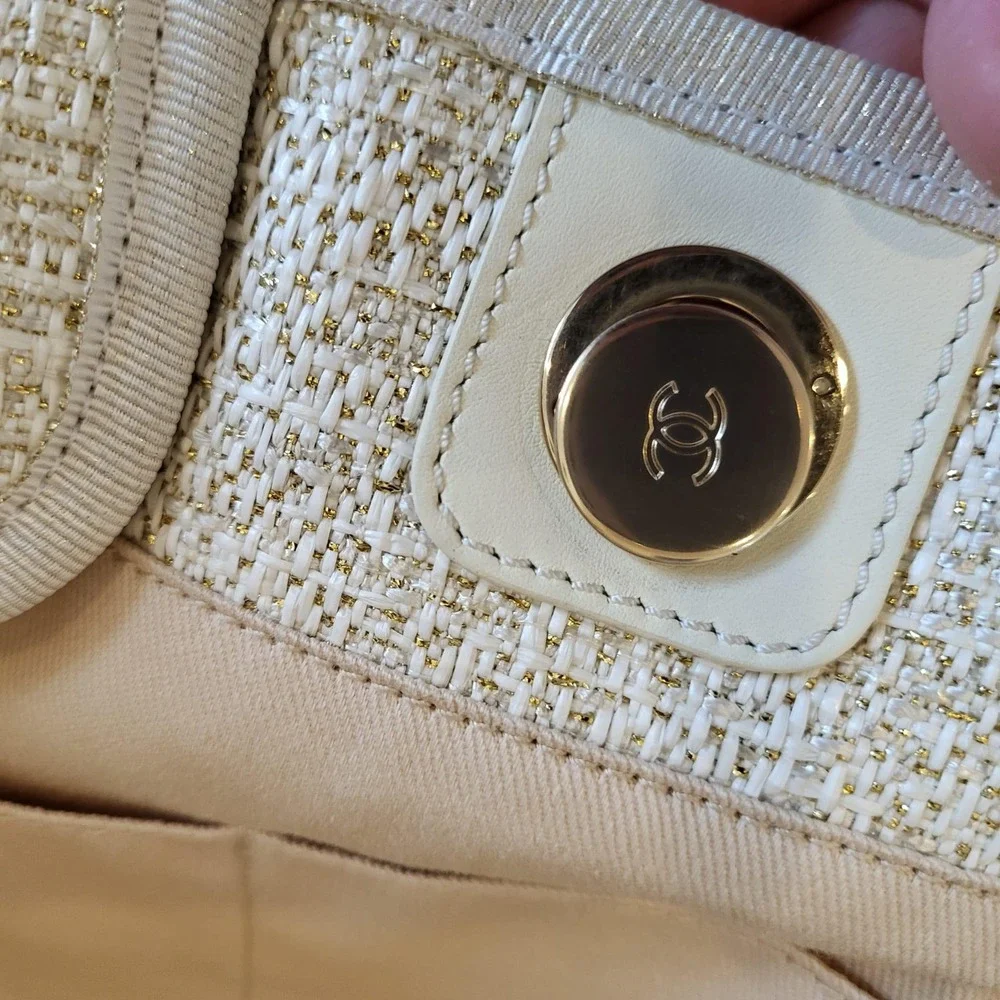 Chanel Lurex Boucle Small Deauville Tote Bag Ivory Gold 31 Rue Cambon 27202807